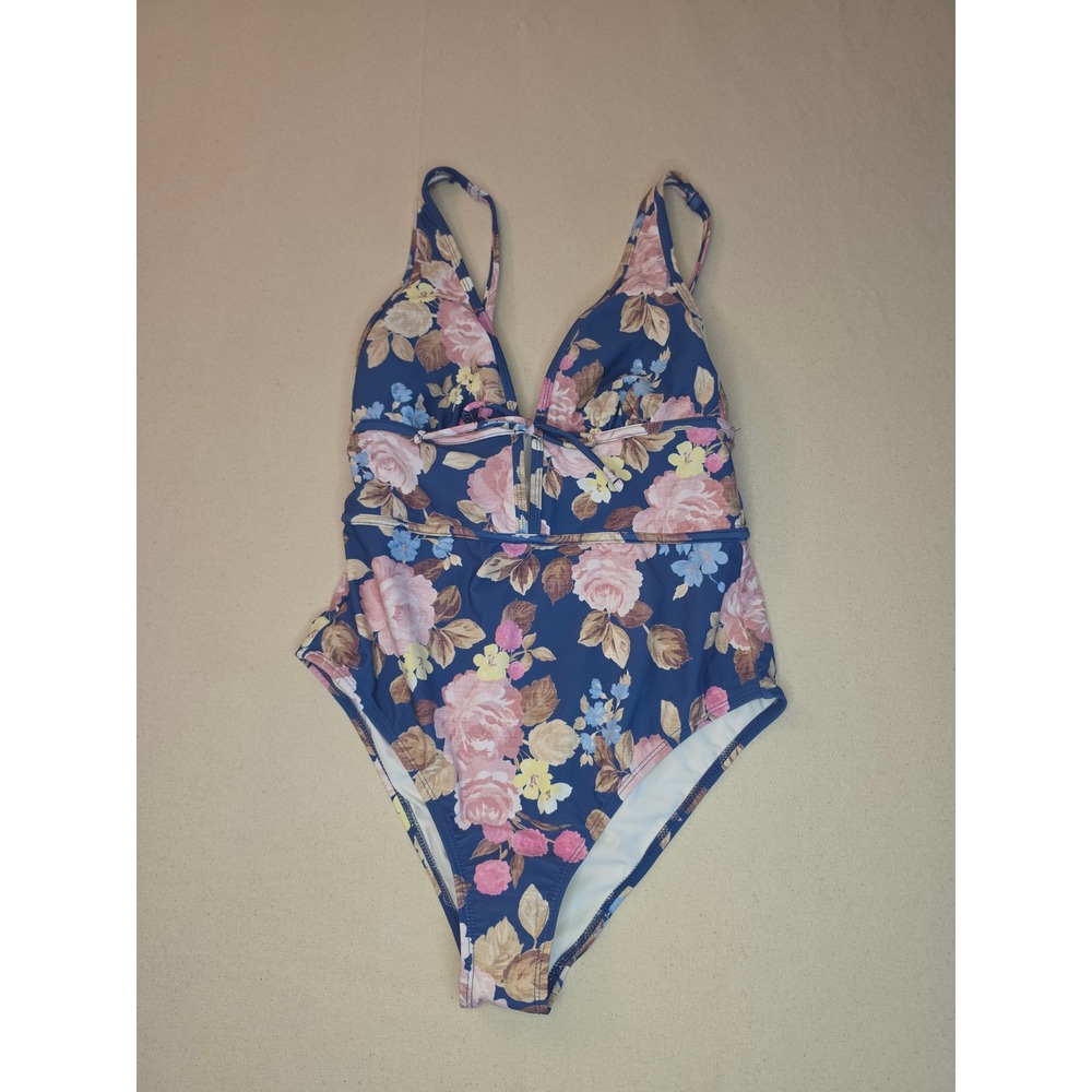 Shade & Shore Floral Print Plunge One Piece Swimsuit Blue Medium NWT